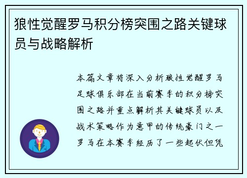 狼性觉醒罗马积分榜突围之路关键球员与战略解析